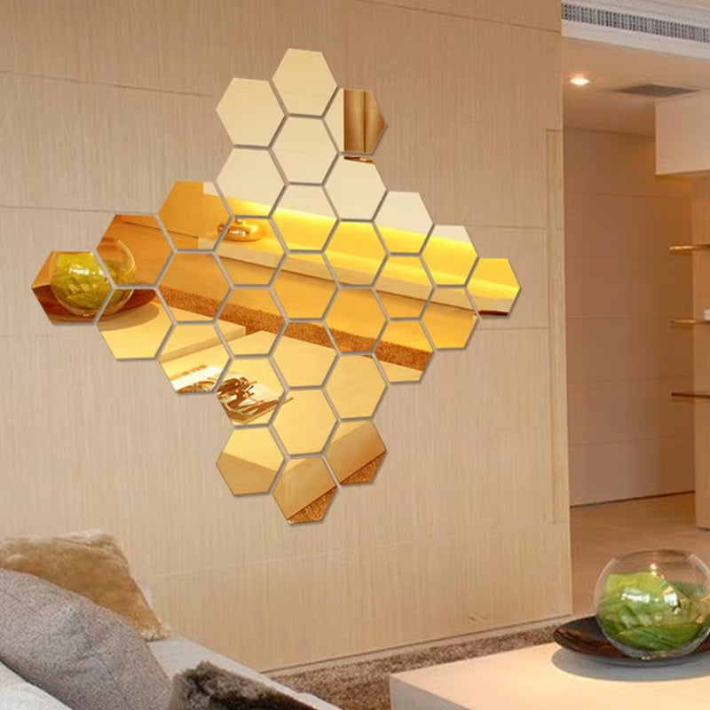12 Hexagonal 3D Mirror Wall Stickers Room Decor Wall Decor Vinyl DIY Detachable Wall Sticker Decal Home Decoration Art Espejo