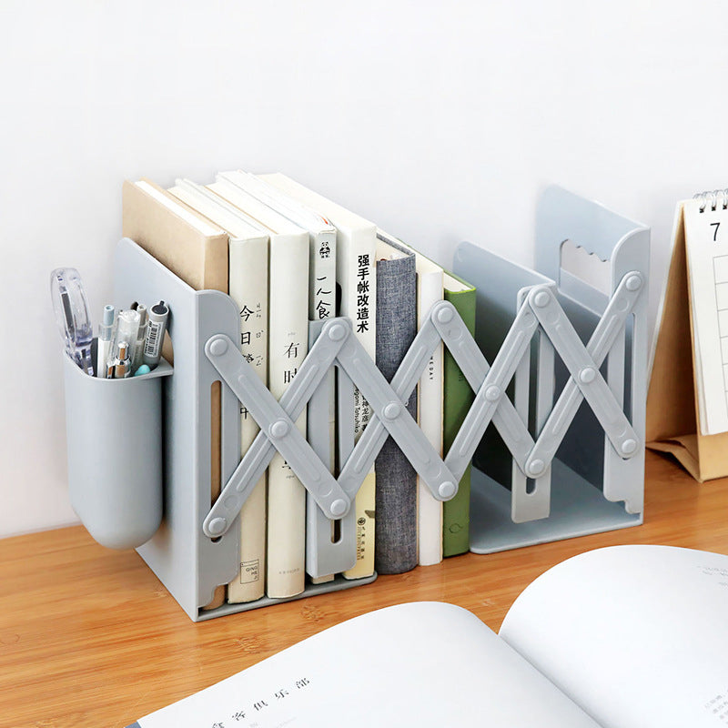 Adjustable Retractable Bookends with Pen Holder - Space Saving Desk & Shelf Organiser