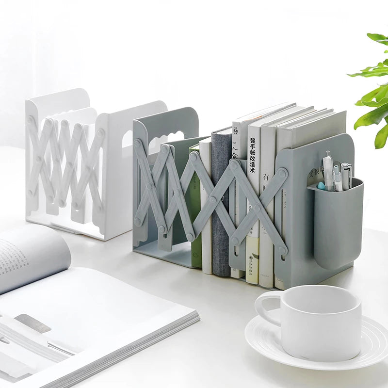 Adjustable Retractable Bookends with Pen Holder - Space Saving Desk & Shelf Organiser