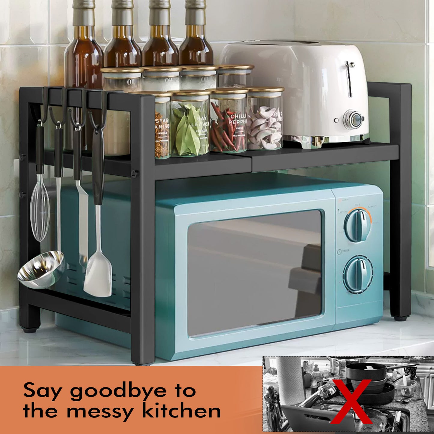 Black Extendable Kitchen Storage Rack with Hooks