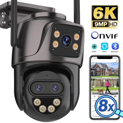 6K 9MP HD IP Camera Outdoor Three-Lens External Wifi Camera 4K/2K Dual Screen Security PTZ Cam Auto Tracking Surveillance Icsee