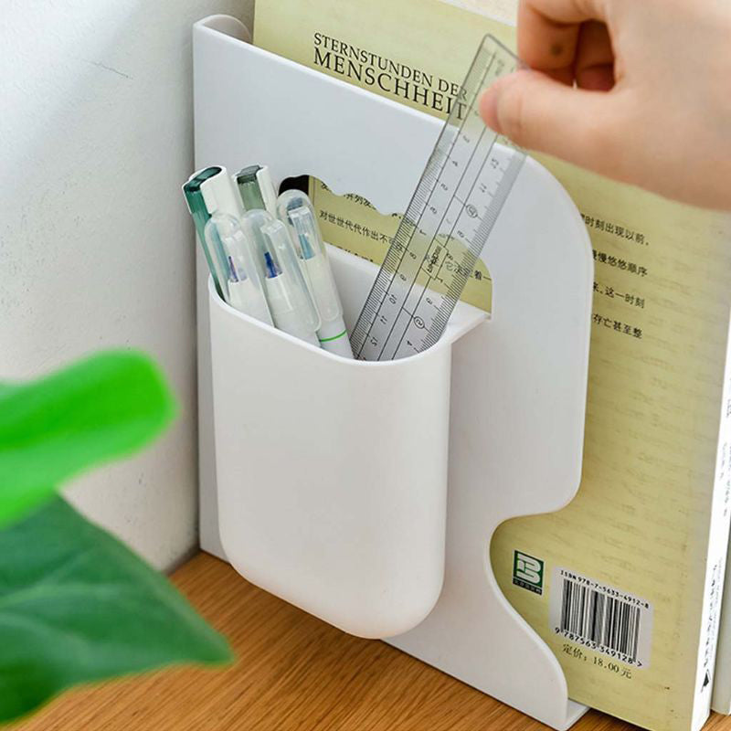 Adjustable Retractable Bookends with Pen Holder - Space Saving Desk & Shelf Organiser