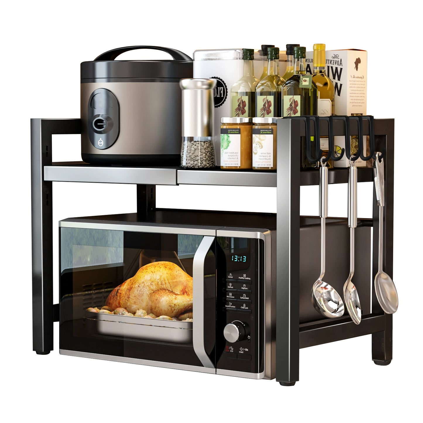 Black Extendable Kitchen Storage Rack with Hooks